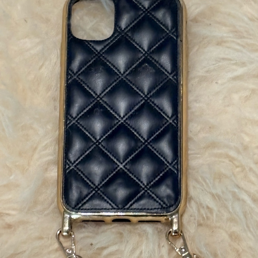 Black Quilted Patent Leather Phone Case with Necklace Chain - Picture 2 of 4